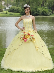 Appliques Embroidery Floral Light Yellow Quinceanera Dress Strapless