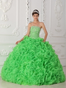 Green Quinceanera Dress Strapless Ruffles Organza Beading