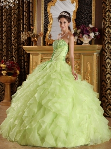 Yellow Green Quinceanera Dress Strapless Satin Organza Embroidery