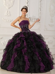 Purple Black Strapless Taffeta Organza Beading Quinceanera Dress