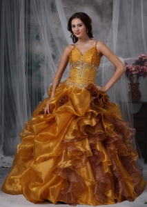 Brown Flowers Spaghetti Straps Beading Quinceanera Ball Gown