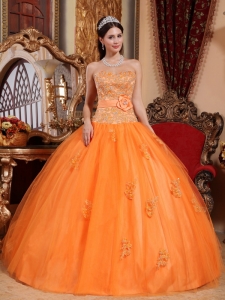 Orange Hand Made Flower Quinceanera Dresses Appliques Tulle