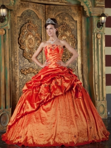Elegant Orange Red Quinceanera Dress Strapless Pick-ups Taffeta