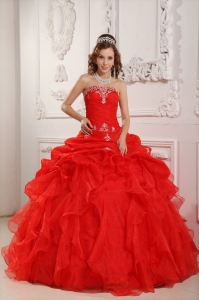 Red Sweet 16 Dress Organza Beading Ruffles Ball Gown