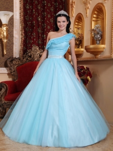 Light Blue Quinceanera Dress One Shoulder Tulle Ruch