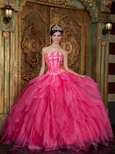 Hot Pink Quinceanera Dress Strapless Appliques Organza Sweet 16