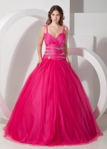 Hot Pink Spaghetti Straps Tulle Beading Quinceanera Dress
