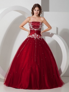 Wine Red Quinceanera Dress Strapless Satin Tulle Beading