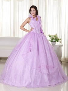Lavender Halter Quinceanera Dress Chiffon Embroidery Beading