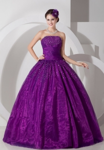 Ruched Purple Strapless Dresses for Quinceanera Beading