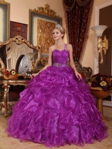 One Shoulder Purple Quinceanera Dress Organza Beaded Ruffles