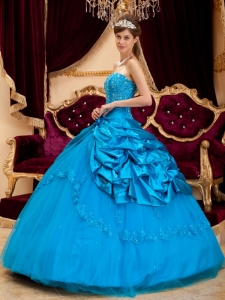 Lace Appliques Sky Blue Quinceanera Dress Ball Gown Beaded