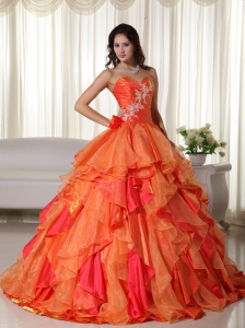 Orange Sweetheart Organza Appliques Quinceanera Dress