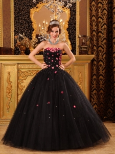Colorful Appliques Black Dress Tulle Quinceanera Ball Gown