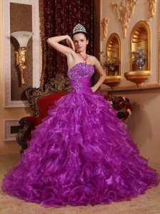 Purple Quinceanera Dress Strapless Organza Beading Sweet 16