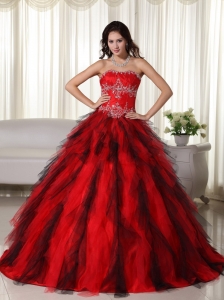 Red Strapless Floor-length Taffeta Appliques Quinceanera Dress