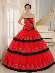 Hand Made Flowers Quinceanera Dress Red and Black Layered