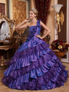 Purple Quinceanera Dress One Shoulder Taffeta Organza Floral