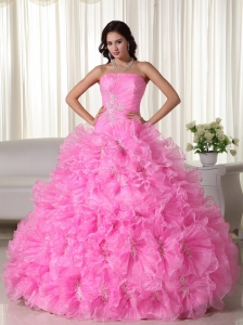 Pink Sweet 16 Strapless Organza Appliques Quinceanera Dress