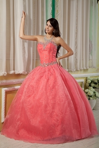 Sexy Watermelon Organza Gown 15 Quinceanera Dress Sweetheart
