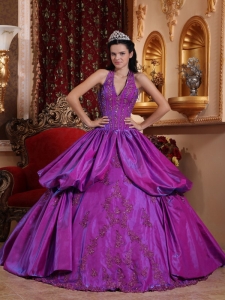 Halter Appliques Purple Quinceanera Dress Taffeta Ball Gown