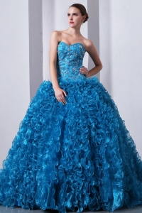 Sky Blue A-Line Princess Brush Train Ruffles Quinceanea Dress