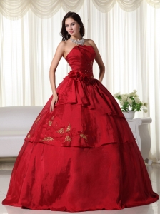 Wine Red Floral Quinceanera Dress Ball Gown Strapless Taffeta