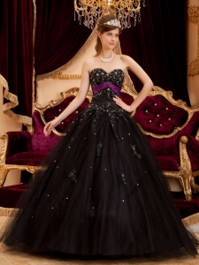 Appliques Black Quinceanera Dress Purple Sweetheart Tulle