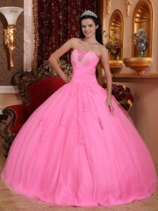 Rose Pink Quinceanera Dress Strapless Tulle Beading