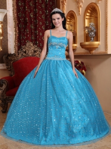 Spaghetti Straps Sequined Aqua Blue Sweet 16 Quince Dress