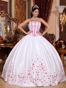 Red Embroidery White Strapless Beaded Quinceanera Ball Gown