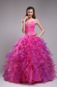 Fuchsia Sweetheart Appliques Gown Ruffles Quinceanera Dress