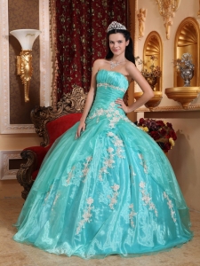 Ruching Quinceanera Dress Strapless Turquoise Organza Appliques