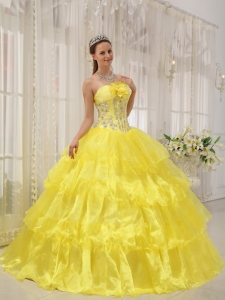 Layered Flowers Bright Yellow Quinceanera Dress Beaded Gown