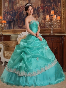 Lace Turquoise Ruch Appliques Ball Gown Quinceanera Dress