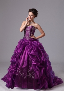 Sweep Train Embroidery Eggplant Purple Military Ball Gowns