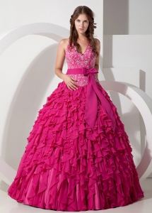 Bowknot Halter Embroidery Hot Pink Ball Gown Quinceanera Dress