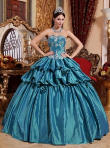 Handmade Flowers Teal Sweetheart Appliques Quinceanera Dresses
