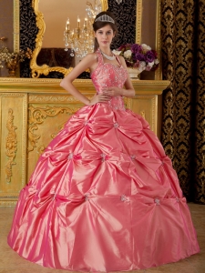 Halter Top Quinceanera Ball Gown Waltermelon Red Appliques