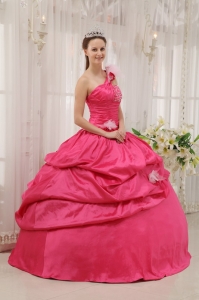 One Shoulder Flowers Quinceanera Dress Beaded Ruch Coral Red