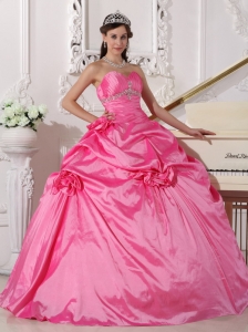 Hand Made Flowers Ruched Rose Pink Quinceanera Dresses