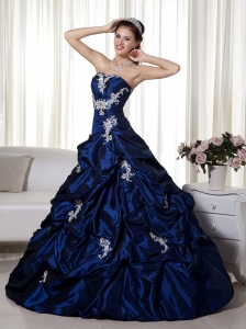 Navy Blue Pick-ups Quinceanera Ball Gowns Strapless Appliques