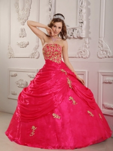 Hot Pink Quinceanera Dresses Appliques Strapless Organza