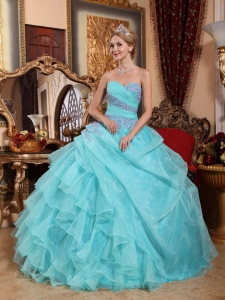 Ruffled Aqua Blue Ruch Quinceanera Dress Sweetheart Organza