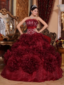 Ruffle Flowers Burgundy Quinceanera Ball Gown Appliques