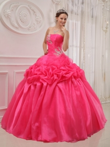 Ruched Hot Pink Strapless Beading Ball Gown Quinceanera Dress