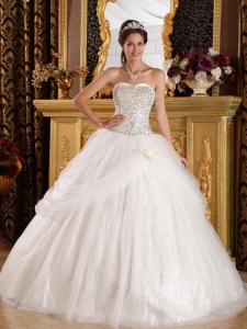 Sequined Beading Quinceanera Dresses Flowers Sweetheart