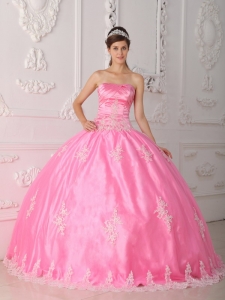 Pink Lace Quinceanera Dresses Strapless Appliques Ball Gown