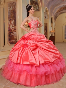 One Shoulder Layers Coral Red Quinceanera Dress Ball Gown