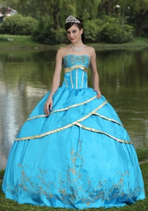 Gold Embroidery Aqua Blue Quinceanera Gowns for Sweet Fifteen